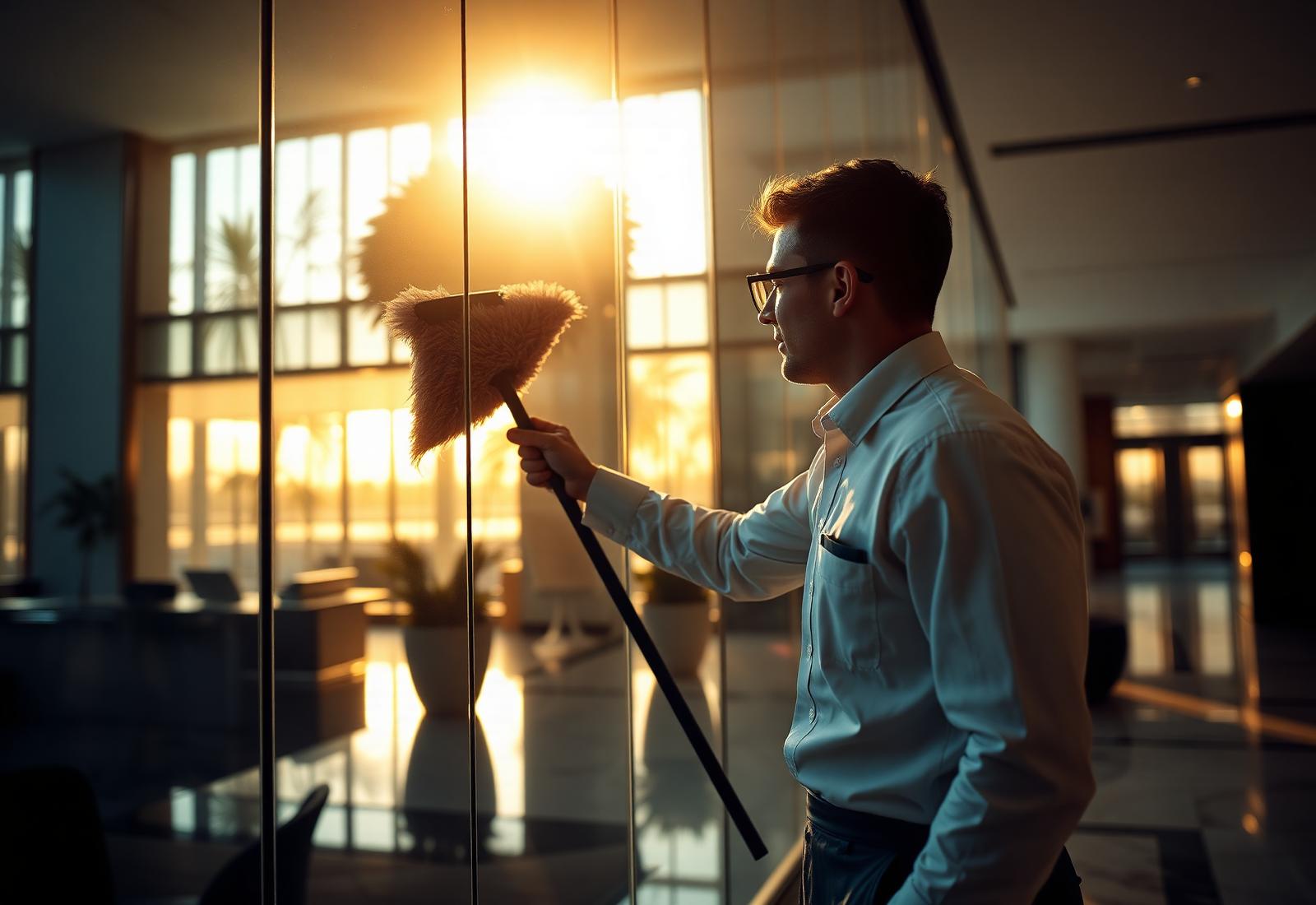 Professional commercial cleaner in a modern office lobby